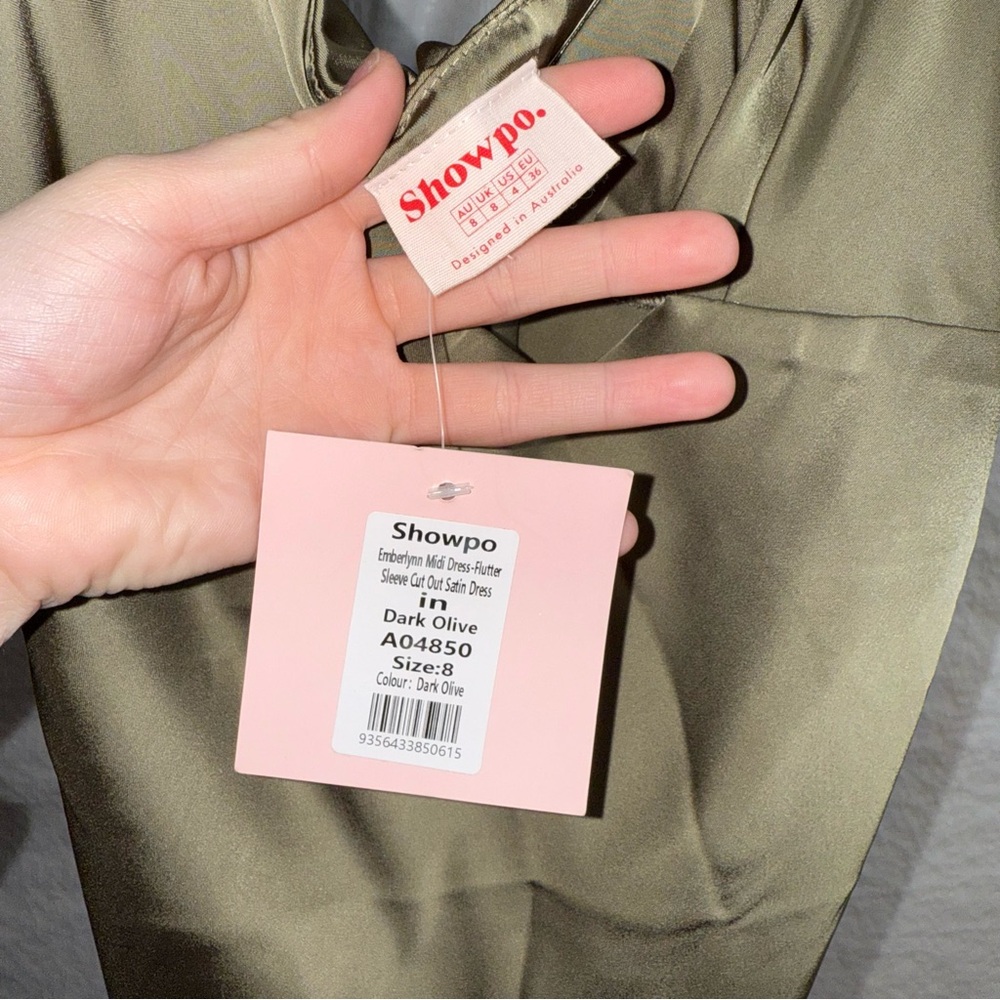 NWT! Showpo. Satin Midi Dress in Olive - Picture 3 of 4